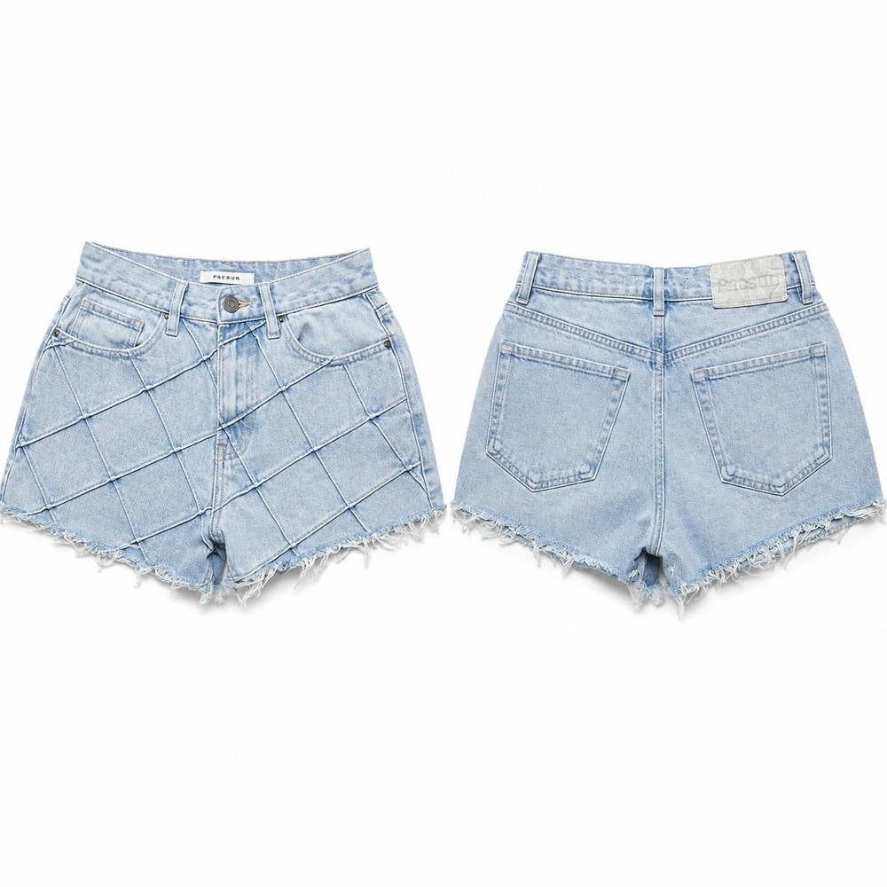 PacSun Quilted Patchwork Denim Shorts Womens 24 Light Wash High Rise Raw Hem